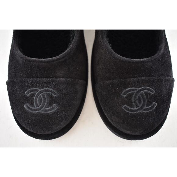 Chanel 25B Black Suede Shearling Fur Mary Jane Moccasin Ballet Loafer Flat 36.5 - Picture 12 of 16